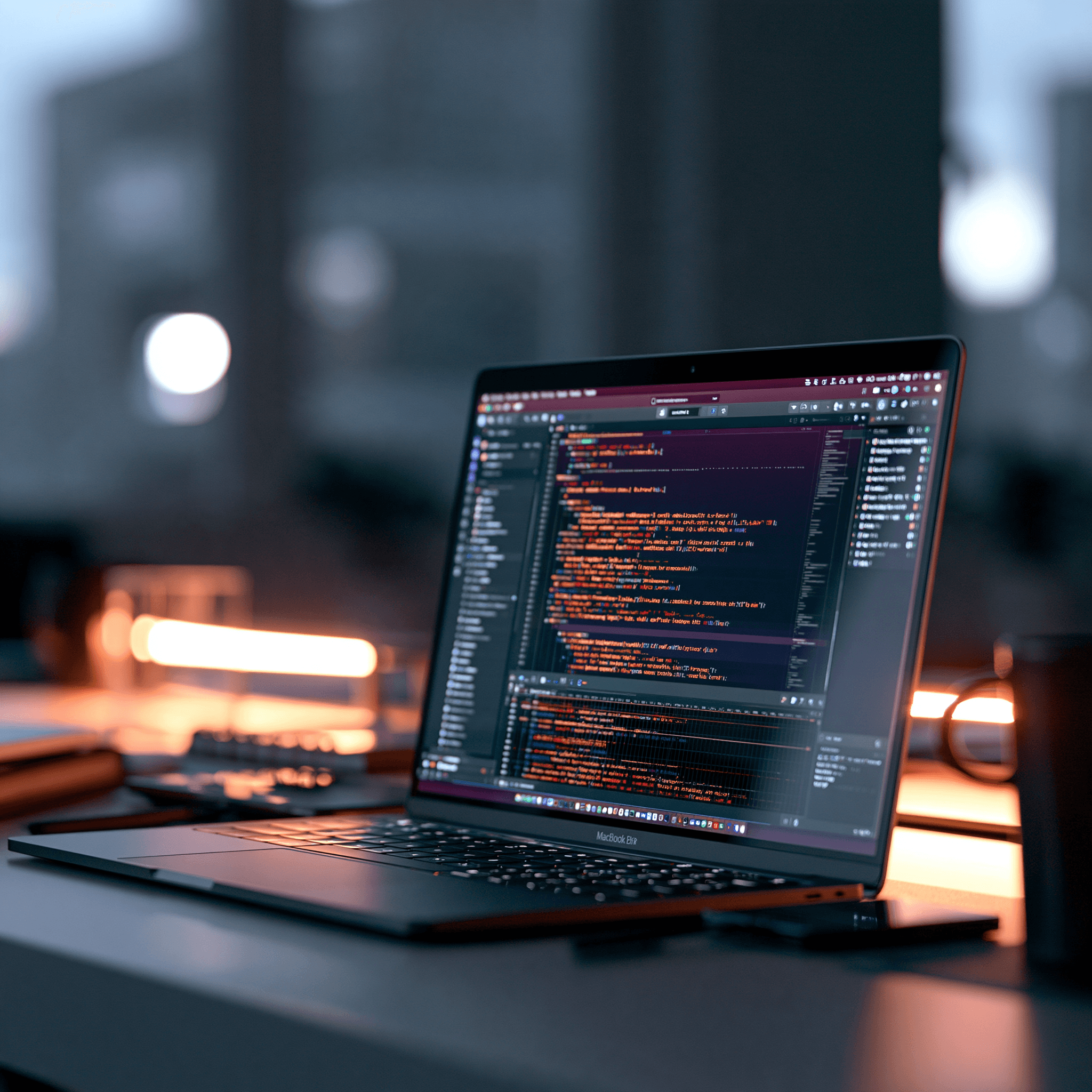 A laptop showing a code editor in a software development workspace
